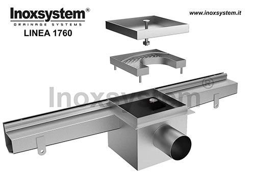 Canali a fessura mm 8/15/20 bordi dritti verticali laterali con corpo porta mattonella e chiusino 150x150 con copertura pavimentabile a scarico sifonato in acciaio inox