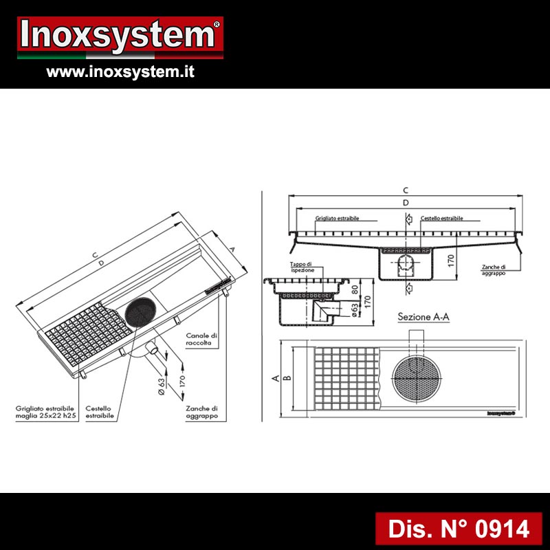 disegno chiusino pozzetto piletta inox scarico orizzontale 0010