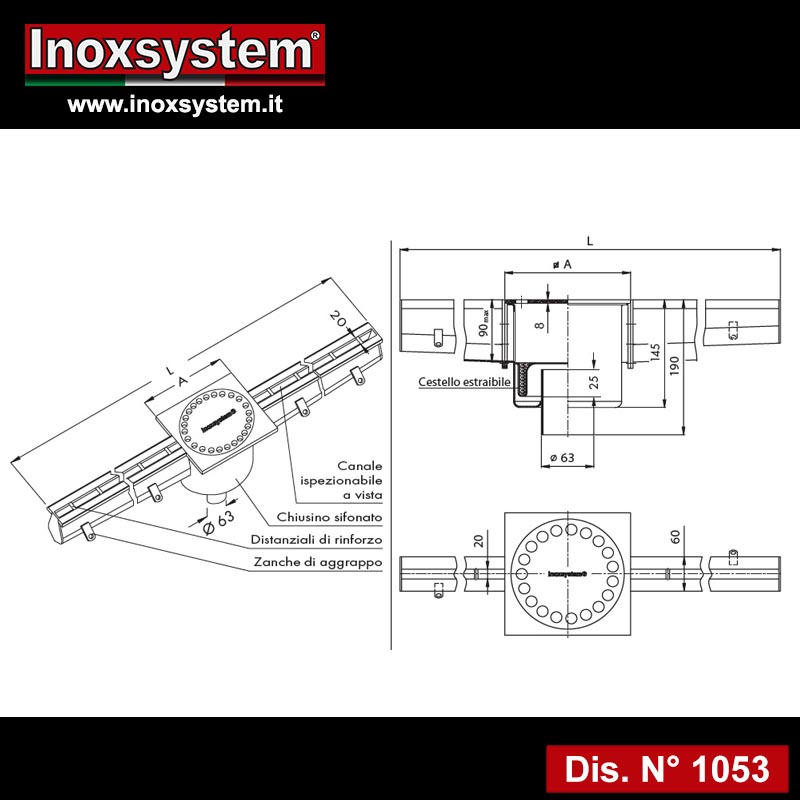 disegno canaline inox a scarico verticale