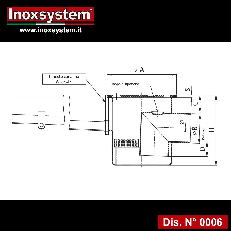 disegno piletta inox innesto canalina scarico laterale