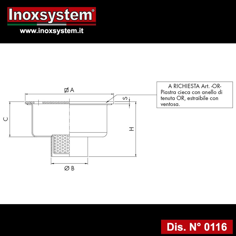 disegno piletta in acciaio inox scarico verticale