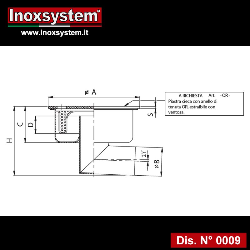 disegno piletta inox scarico laterale sifonato