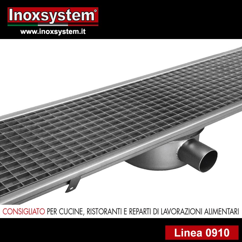 linea 0910 Canale a griglia standard con pozzetto sifonato saldato sotto il canale in acciaio inox