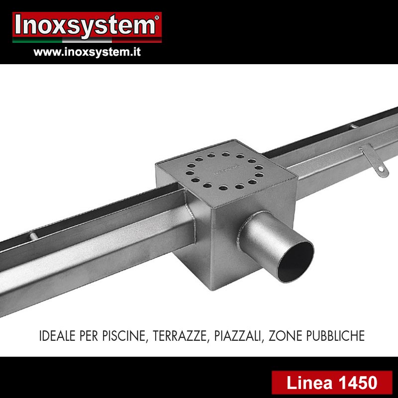 linea 1450 canale a fessura antitacco con bordi dritti verticali con chiusino sifonato in acciaio inox