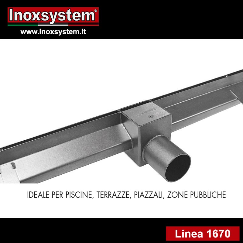 linea 1670 canale a fessura antitacco con bordi dritti verticali laterali e chiusino scarico diretto in acciaio inox