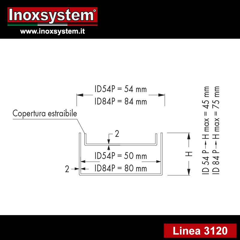 linea 3120 Sezione Canale Italia IDrain bordi a vista e copertura pavimentabile con chiusino non sifonato in acciaio inox