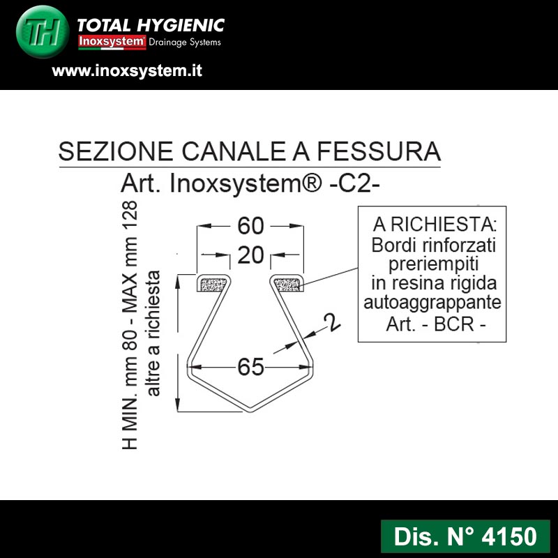 linea 4150 disegno canale componibile a fessura con chiusini in piastra, tubo sifonato estraibile in acciaio inox