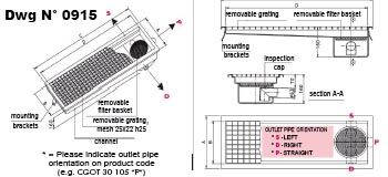 Stainless steel channel with grating and removable filter basket - head horizontal outlet pipe