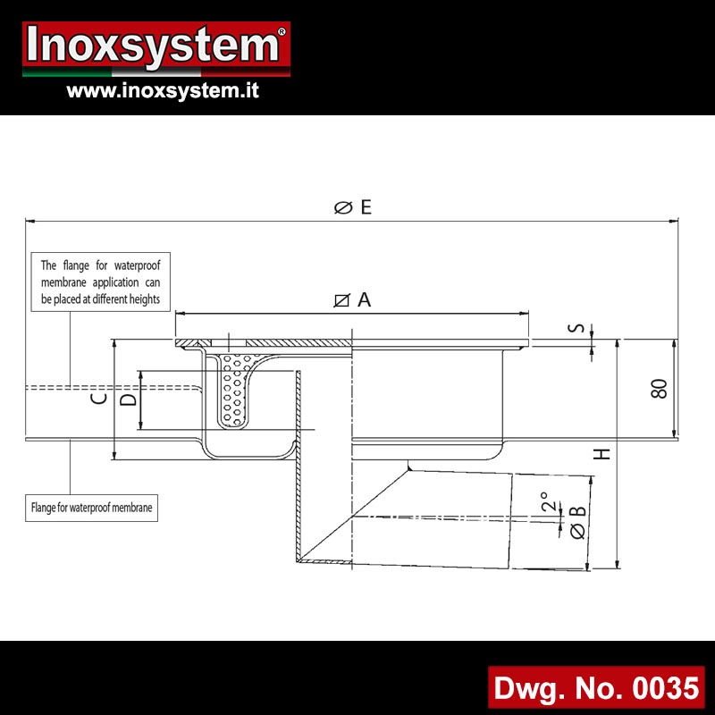 Dwg Floor drain with odor trap, horizontal outlet, with round flange for waterproof membrane
