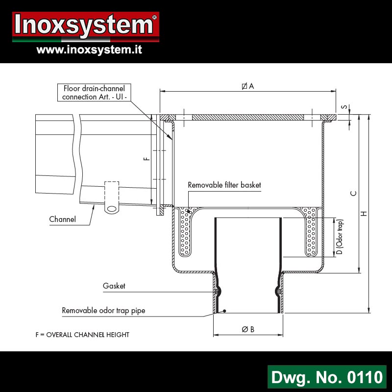 Line 0110 Dwg floor drains with square top plate and vertical outlet removable odor trap pipe and filter basket in stainless steel