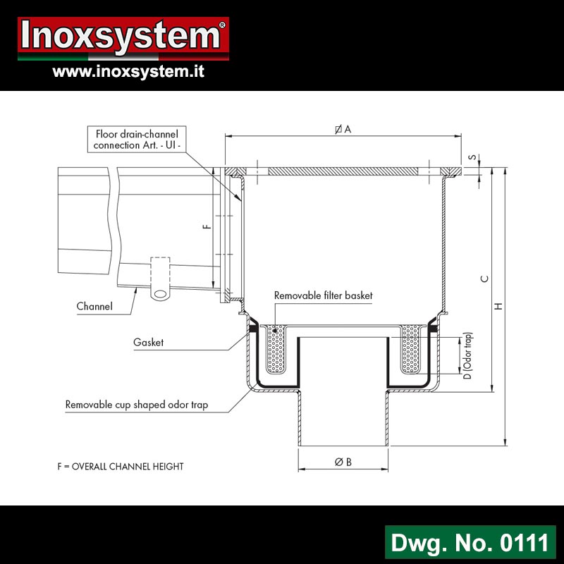 Line 0111 Dwg Floor drains with square top plate and vertical outlet removable total hygienic cup shaped odor trap pipe and filter basket