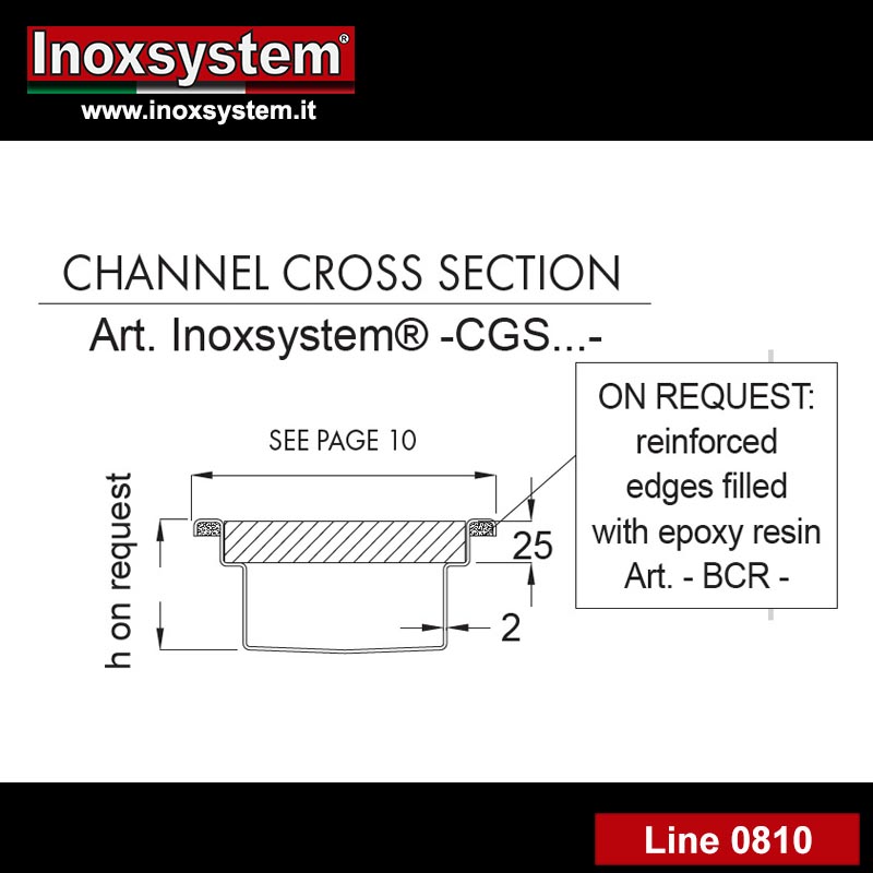 line 0810 Dwg Standard grating channel with direct non-siphoned outlet in stainless steel