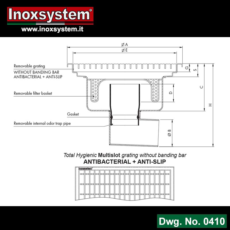 Line 0410 Dwg Gullies with grating and horizontal outlet, removable Total Hygienic internal odor trap pipe and filter basket
