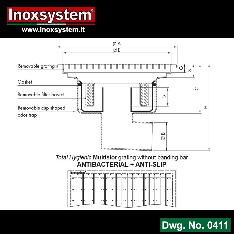 Line 0411 Dwg Gullies with grating and horizontal outlet, removable Total Hygienic cup shaped odor trap and filter basket.