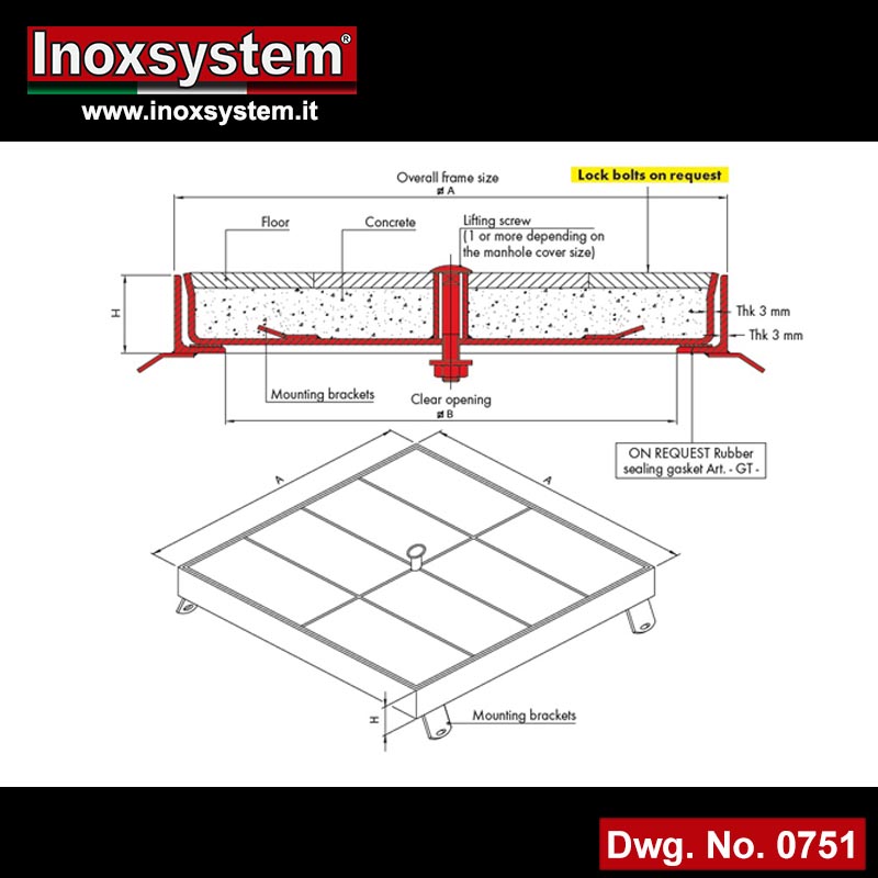 Dwg Recessed manhole cover with frame heavy duty line in stainless steel