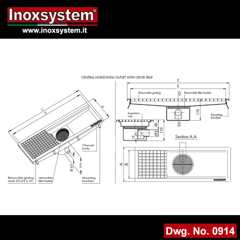 Dwg Stainless steel channel with grating and removable filter basket - central horizontal outlet with odor trap