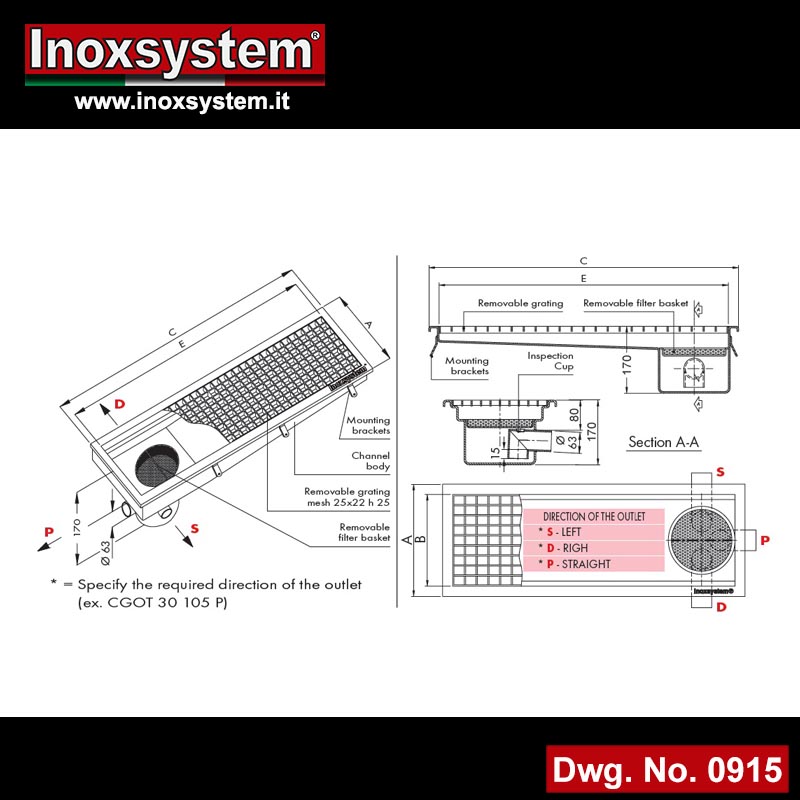 Dwg Stainless steel channel with grating and removable filter basket - end horizontal outlet with odor trap