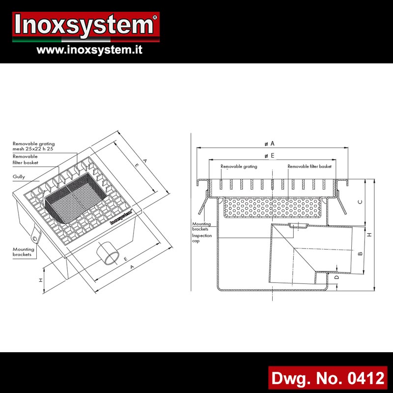 Dwg Stainless steel gullies with grating and removable filter basket - horizontal outlet with odor trap