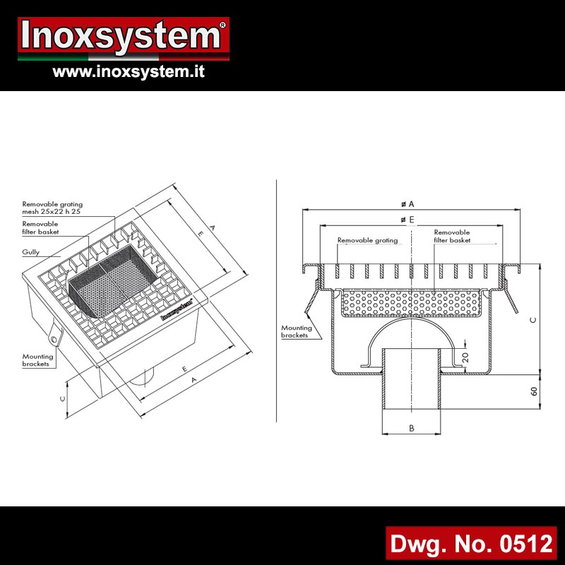 Dwg Stainless steel gullies with grating and removable filter basket - vertical outlet with odor trap