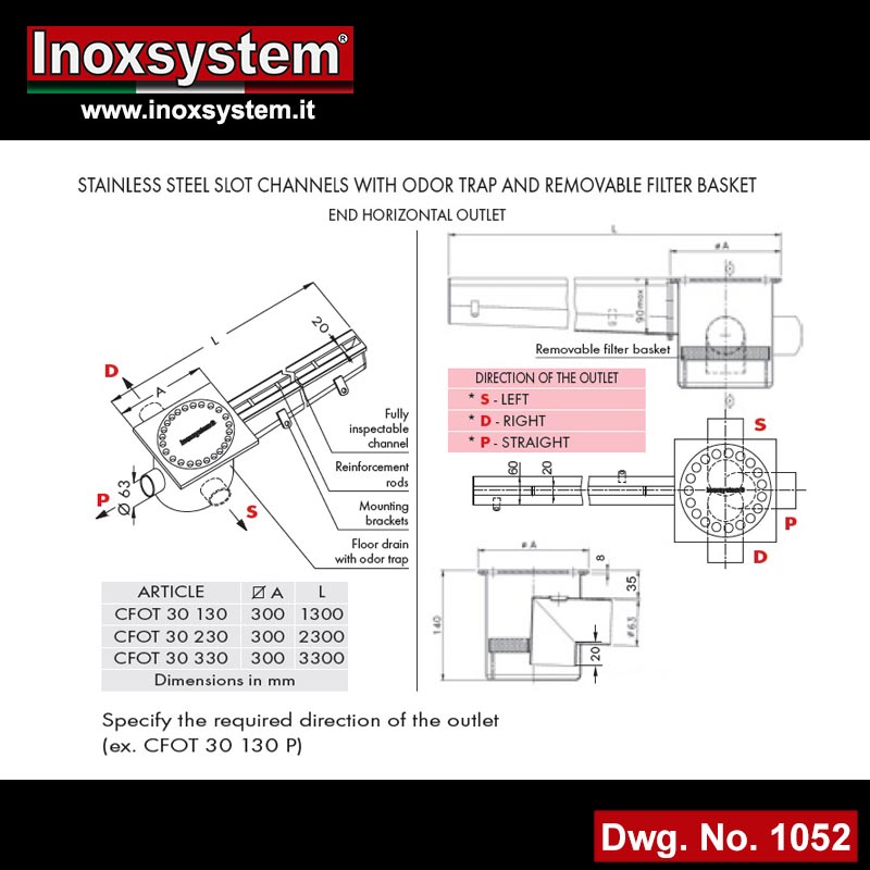Dwg Stainless steel slot channels with odor trap and removable filter basket - end horizontal outlet