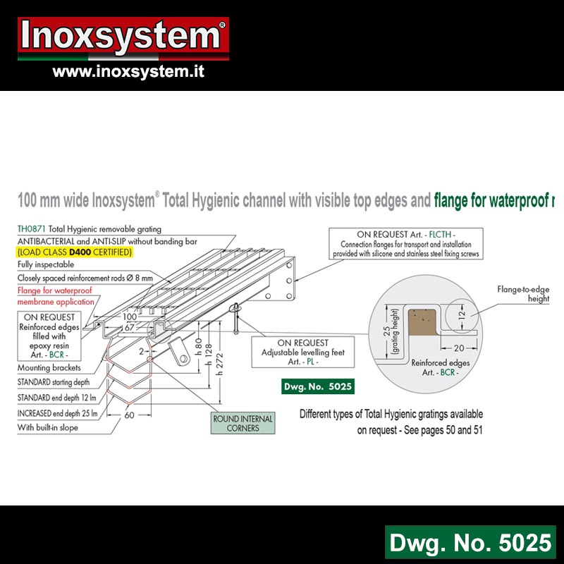 Line 5025 Dwg Total Hygienic channel with visible top edges and flange for waterproof membrane application in stainless steel