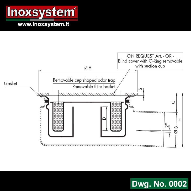 Line 0002 Dwg Ultra-low profile floor drains with horizontal outlet, removable Total Hygienic cup shaped odor trap.