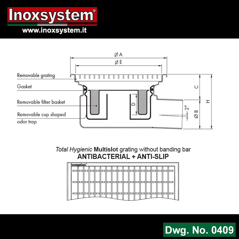 Line 0409 Dwg Ultra-low profile gullies with grating with horizontal outlet, removable TotalHygienic cup shaped odor trap