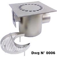lowered floor drain with horizontal outlet pipe in stainless steel