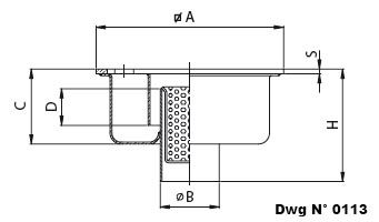 Dwg of standard and lowered floor drain with vertical outlet pipe