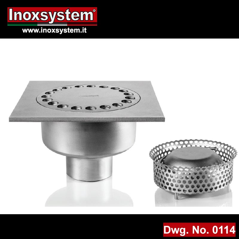 Standard and lowered floor drain, removable filter basket before siphoning in stainless steel