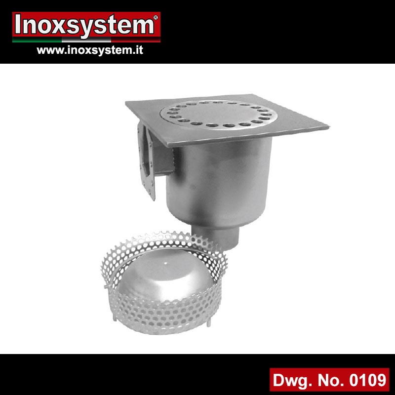 Floor drain with vertical outlet and filter basket incorporated into the bell trap in stainless steel