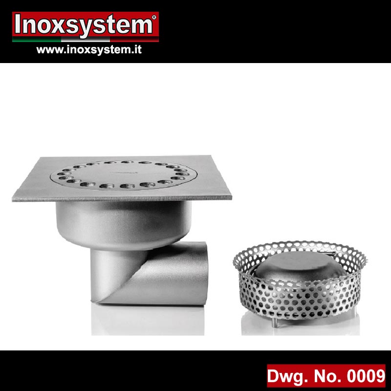 0009 Floor drains with square top plate, horizontal outlet and removable filter basket incorporated in stainless steel