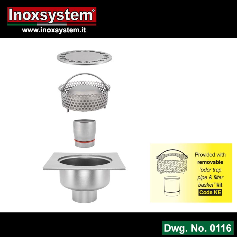 Line 0116 Floor drains with square top plate and vertical outlet removable Total Hygienic internal odor trap pipe and filter basket