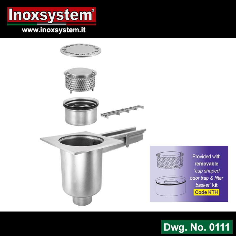 Line 0111 Floor drains with square top plate and vertical outlet removable total hygienic cup shaped odor trap pipe and filter basket