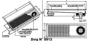 Siphoned stainless steel channel with grating and removable filter basket - central vertical outlet pipe