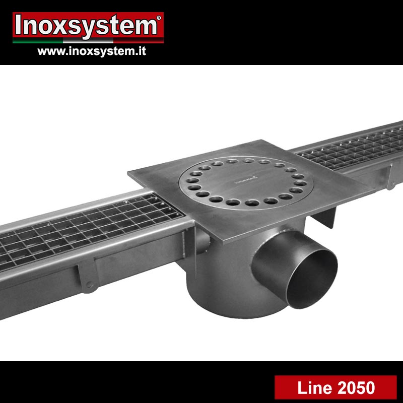 line 2050 Standard grating channel with floor drain with square top plate with siphon in stainless steel
