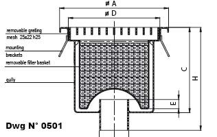 Dwg of Standard gullies with grating vertical siphoned outlet and removable filter basket