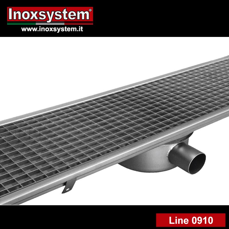 line 0910 Standard grid channel with siphoned floor drain welded under the channel in stainless steel
