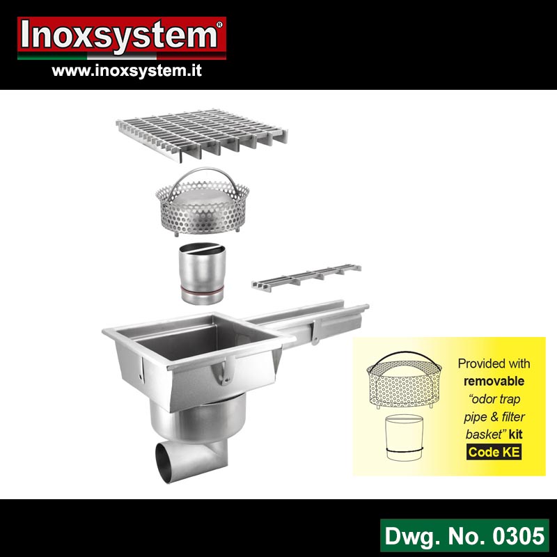 Line 0305 Gullies with grating and horizontal outlet, with one gully-channel connection removable Total Hygienic internal odor trap pipe and filter basket
