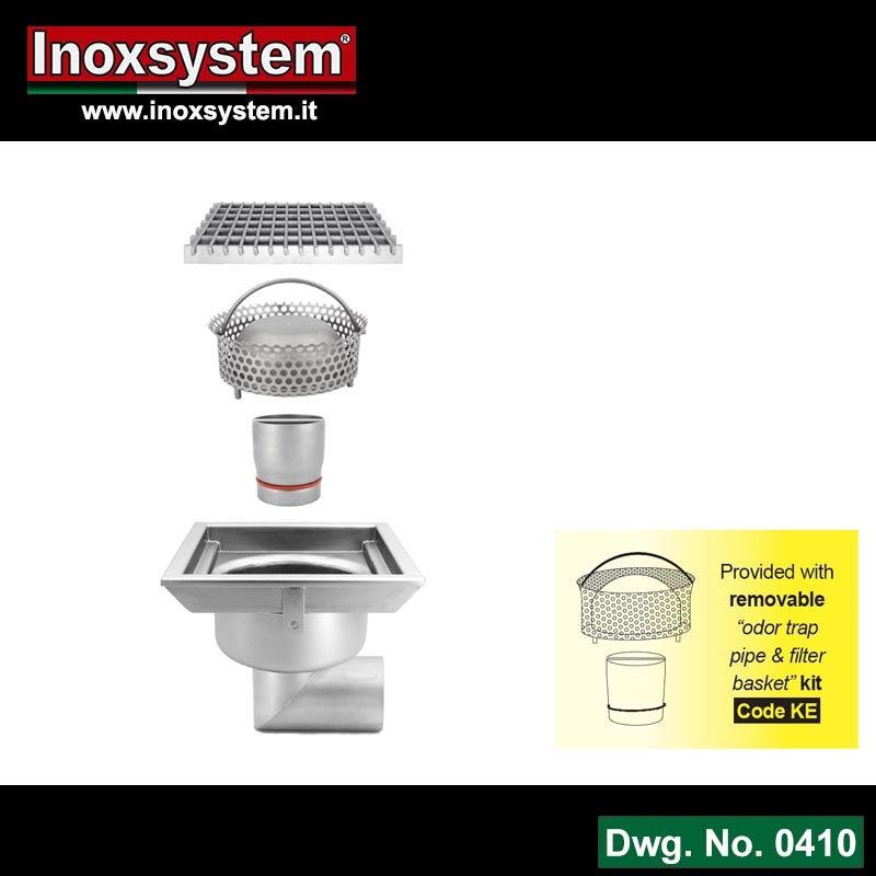Line 0410 Gullies with grating and horizontal outlet, removable Total Hygienic internal odor trap pipe and filter basket