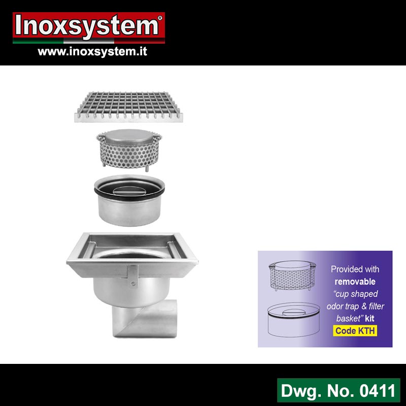 Line 0411 Gullies with grating and horizontal outlet, removable Total Hygienic cup shaped odor trap and filter basket.