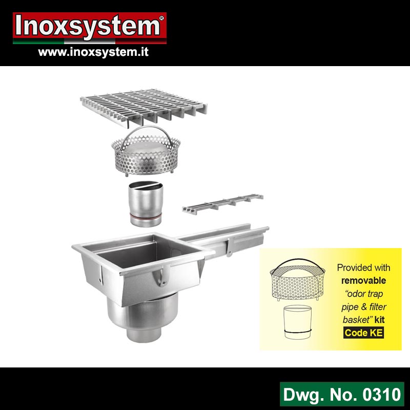 Line 0310 Gullies with grating and vertical outlet, with one gully-channel connection  removable Total Hygienic internal odor trap pipe and filter basket