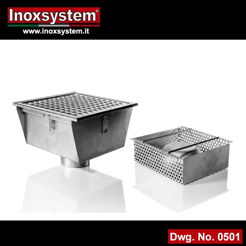 Gullies with mesh grating, vertical outlet odor trap and removable filter basket in stainless steel