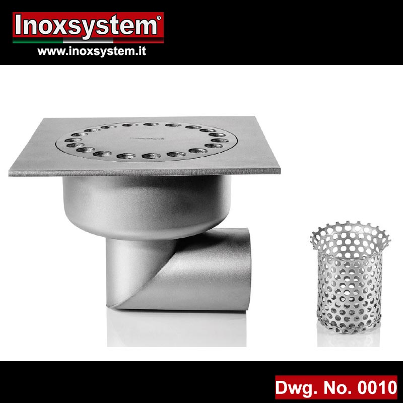 0010 Low profile floor drains with square top plate, horizontal outlet in stainless steel
