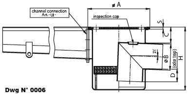 Dwg of lowered floor drain with horizontal outlet pipe in stainless steel