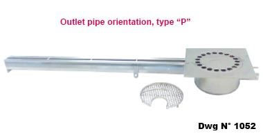 slot drainage channel with siphoned floor drain and removable filter basket head horizontal outlet pipe