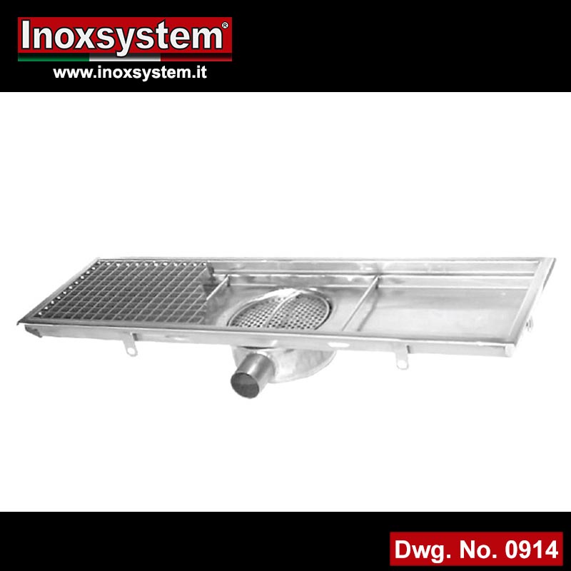 Stainless steel channel with grating and removable filter basket - central horizontal outlet with odor trap