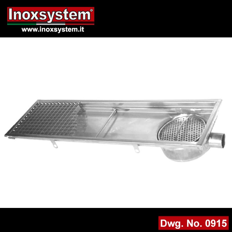 Stainless steel channel with grating and removable filter basket - end horizontal outlet with odor trap