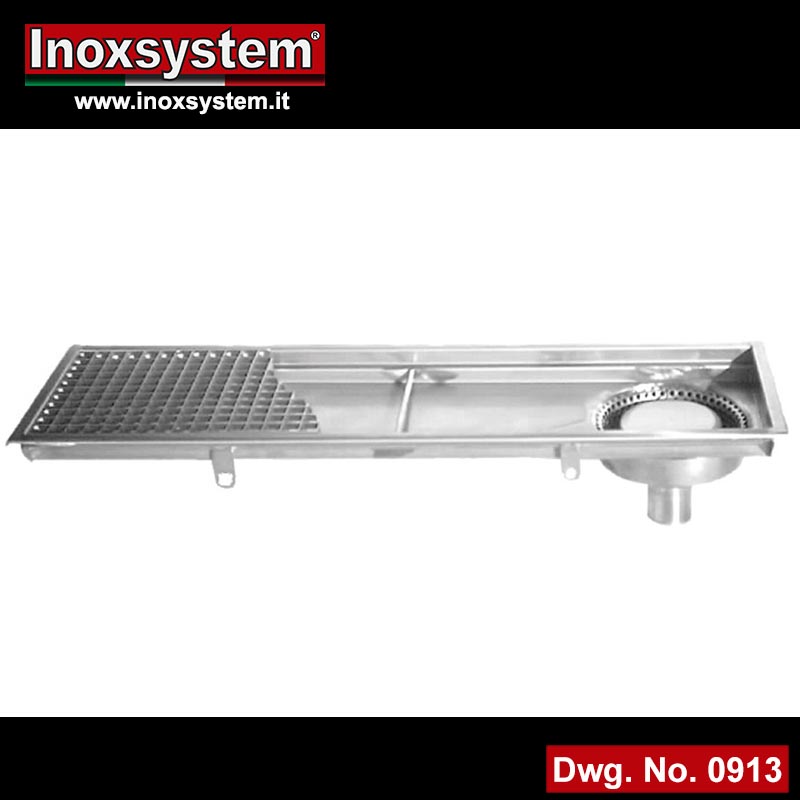 Stainless steel channel with grating and removable filter basket - end vertical outlet with odor trap