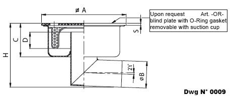 Dwg of floor drain with removable filter basket before siphoning and square top plate